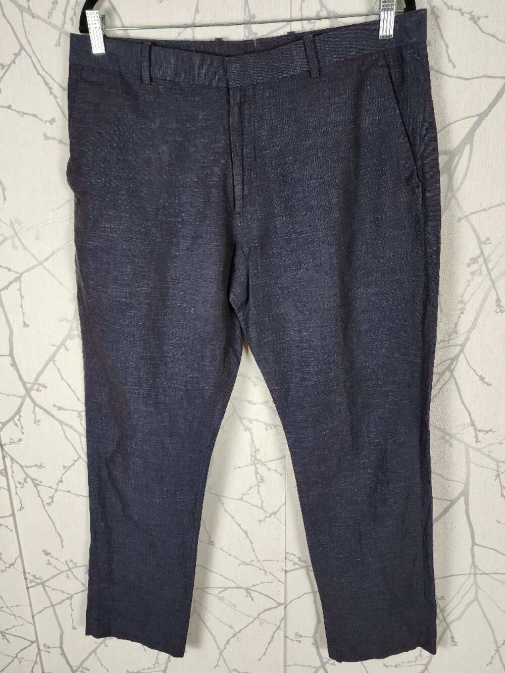 Perry Ellis Navy Linen Cotton Slim Fit Trousers